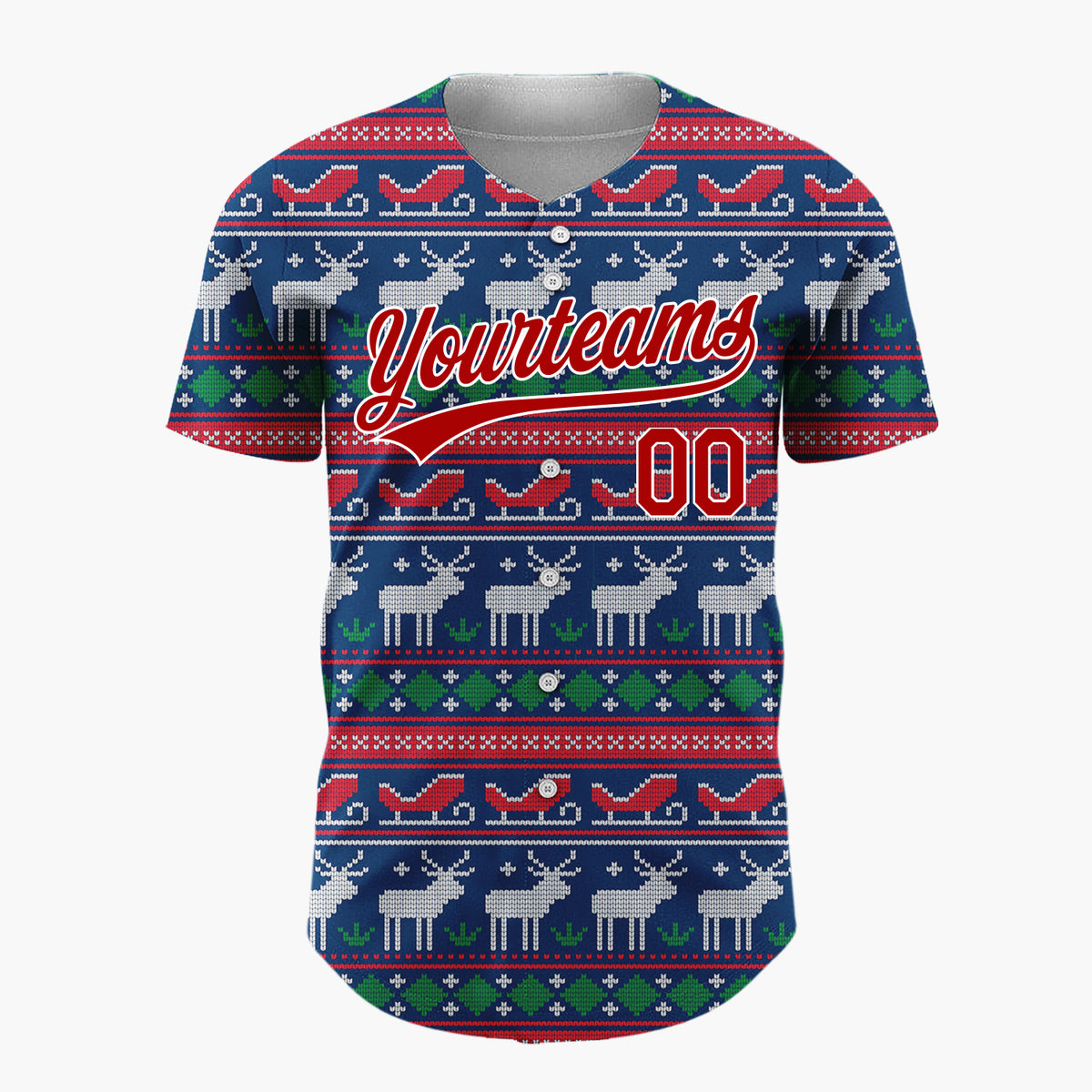 Custom Navy Blue Red Reindeer Sleigh Nordic Knitted Christmas Baseball Jersey