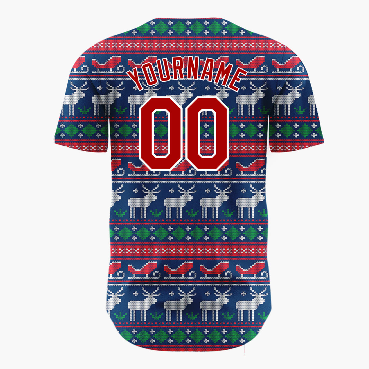 Custom Navy Blue Red Reindeer Sleigh Nordic Knitted Christmas Baseball Jersey