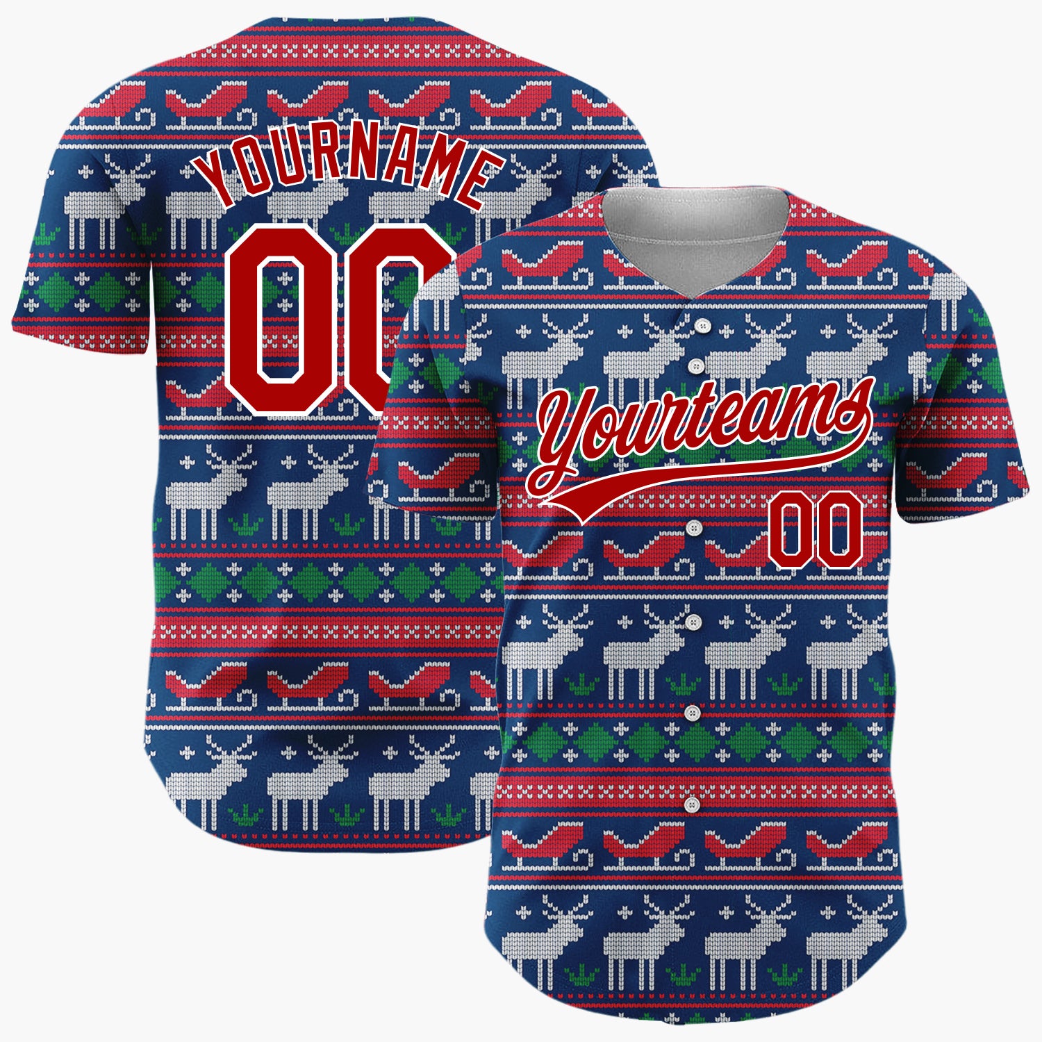 Custom Navy Blue Red Reindeer Sleigh Nordic Knitted Christmas Baseball Jersey