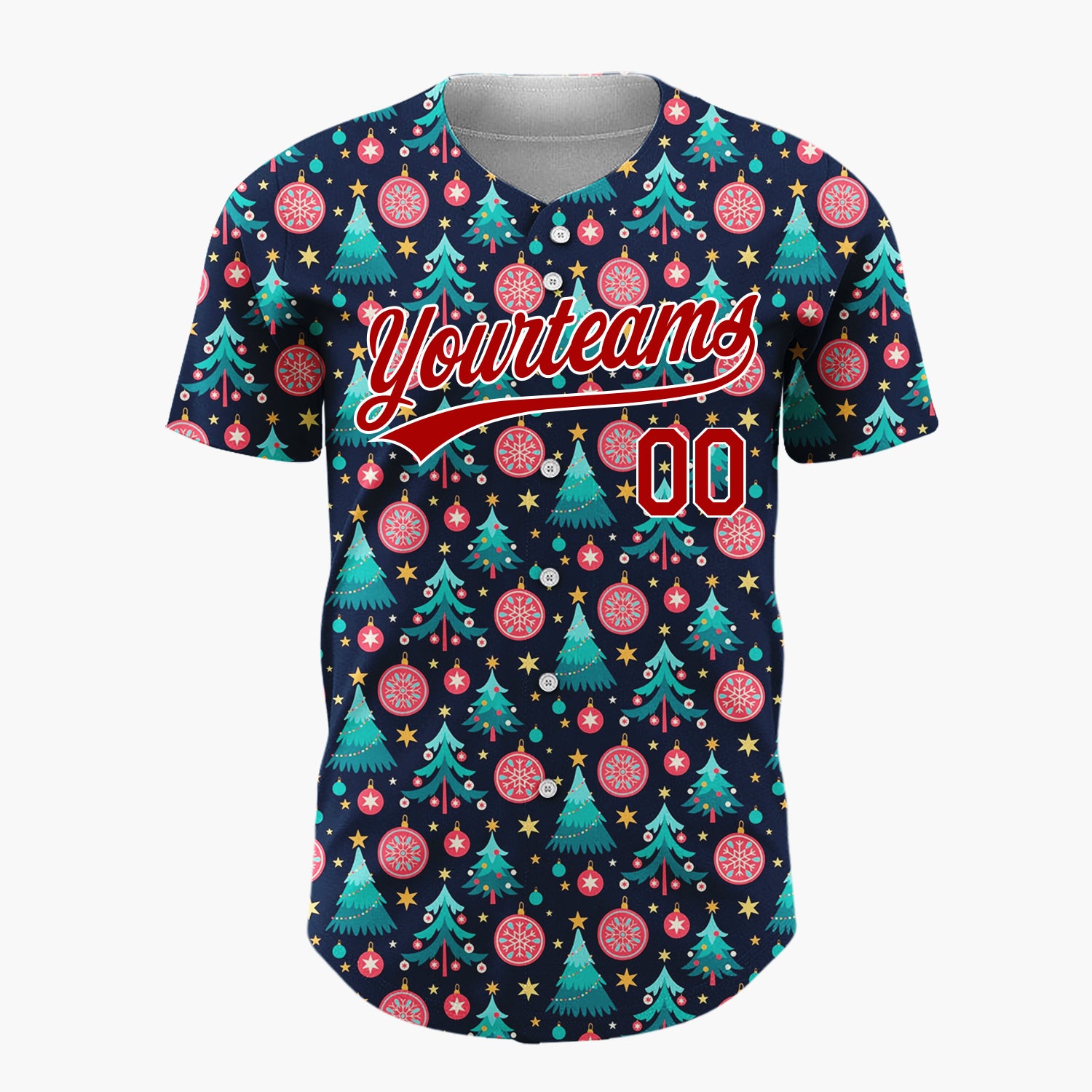 Custom Navy Blue Trees Stars And Baubles Festive Christmas Baseball Jersey