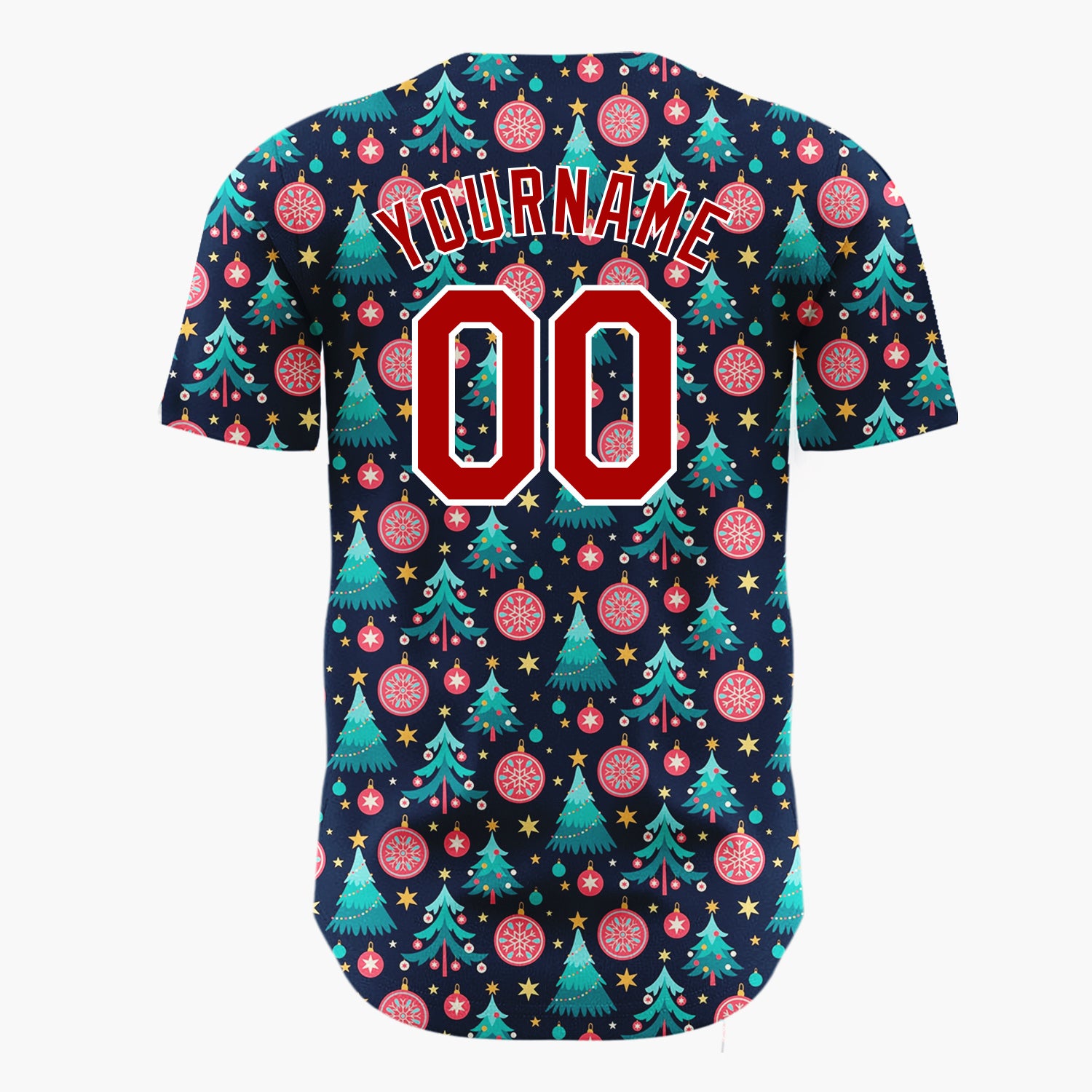 Custom Navy Blue Trees Stars And Baubles Festive Christmas Baseball Jersey