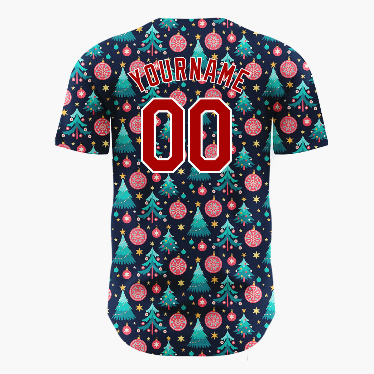 Custom Navy Blue Trees Stars And Baubles Festive Christmas Baseball Jersey
