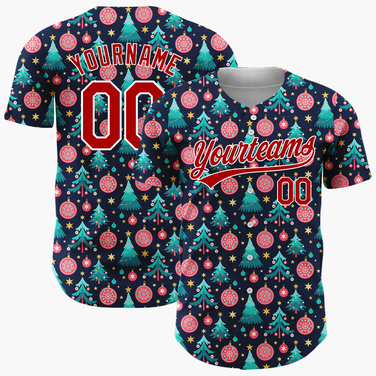 Custom Navy Blue Trees Stars And Baubles Festive Christmas Baseball Jersey