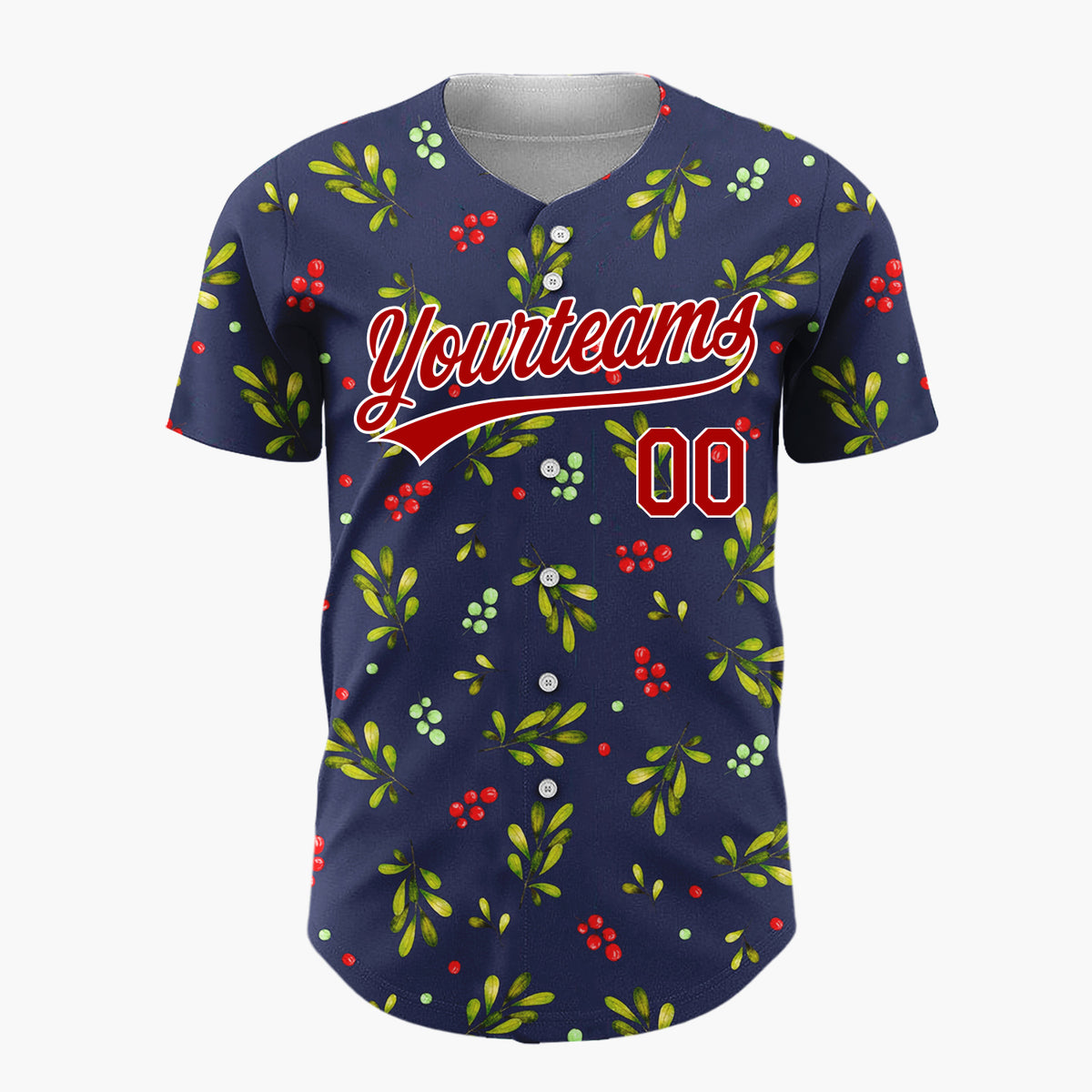 Custom Navy Green Berries And Leaves Watercolor Christmas Baseball Jersey