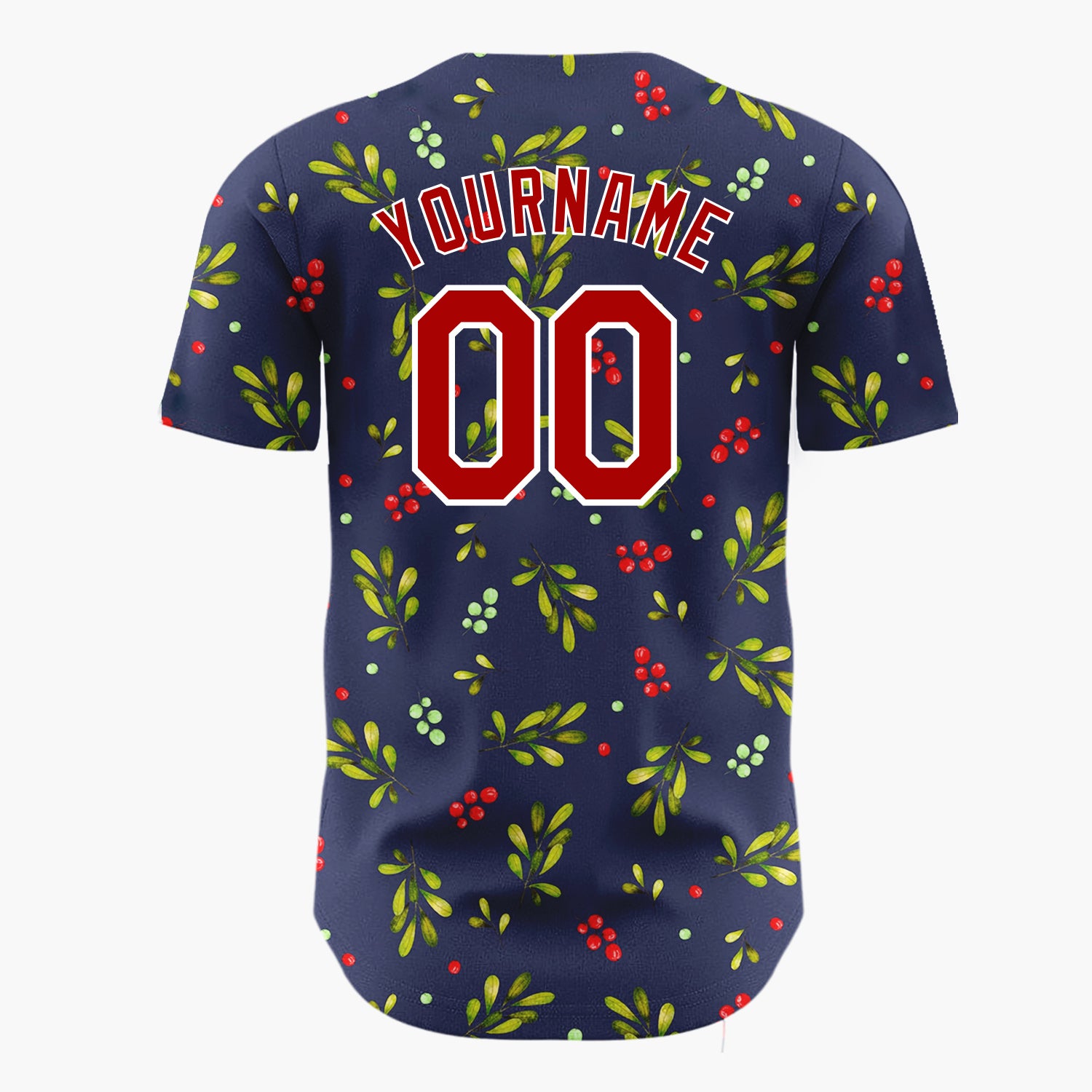 Custom Navy Green Berries And Leaves Watercolor Christmas Baseball Jersey