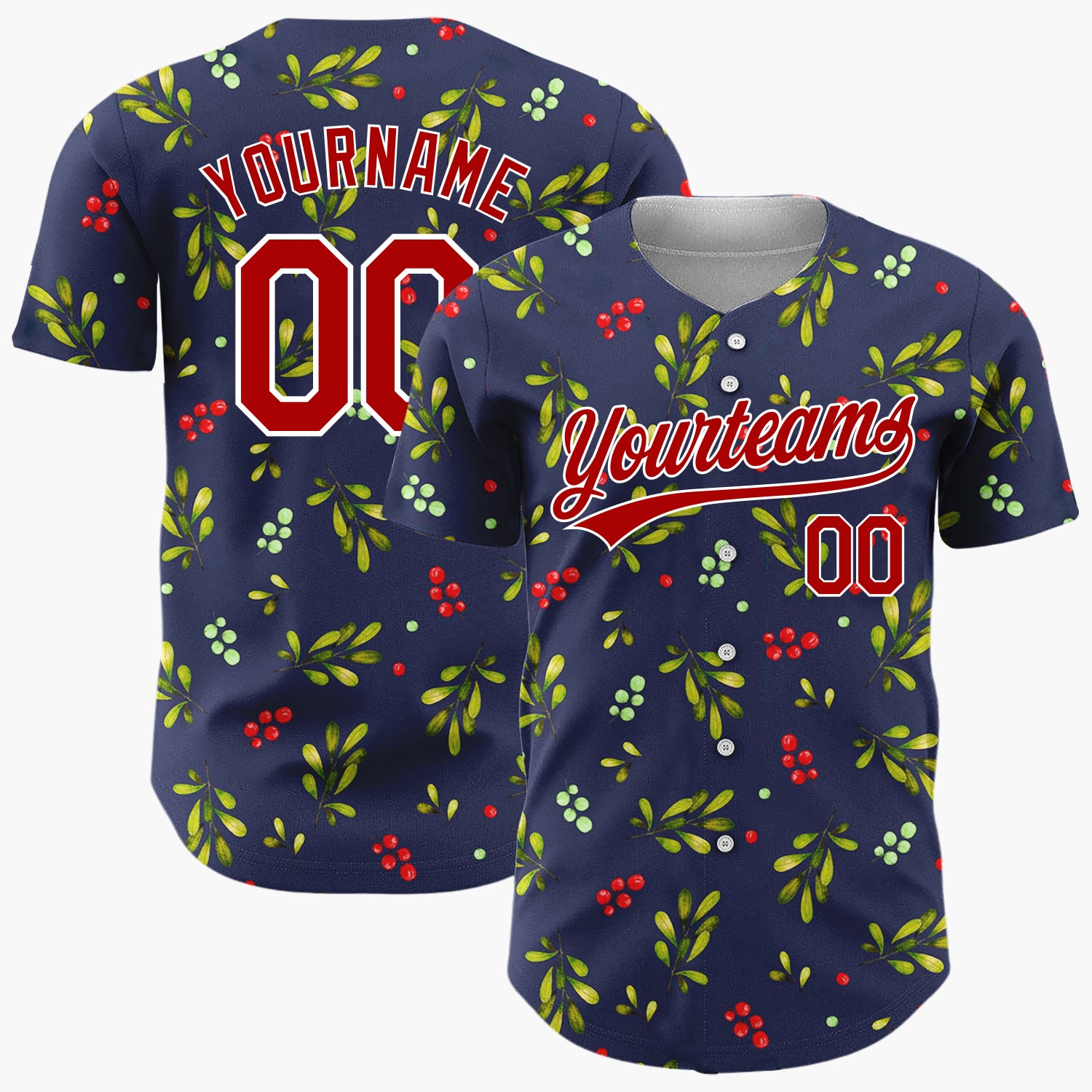 Custom Navy Green Berries And Leaves Watercolor Christmas Baseball Jersey