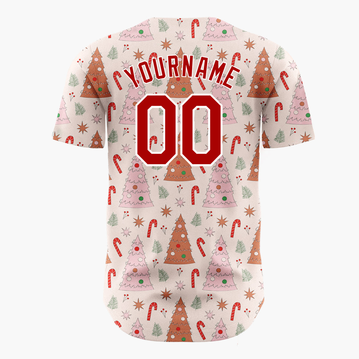 Custom Light Pink Red Pastel Trees And Candy Canes Cute Christmas Baseball Jersey