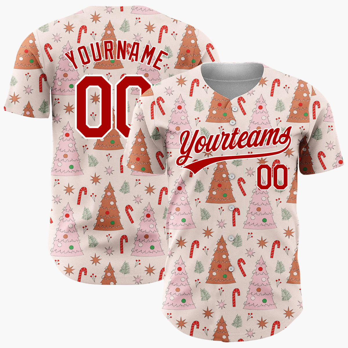 Custom Light Pink Red Pastel Trees And Candy Canes Cute Christmas Baseball Jersey