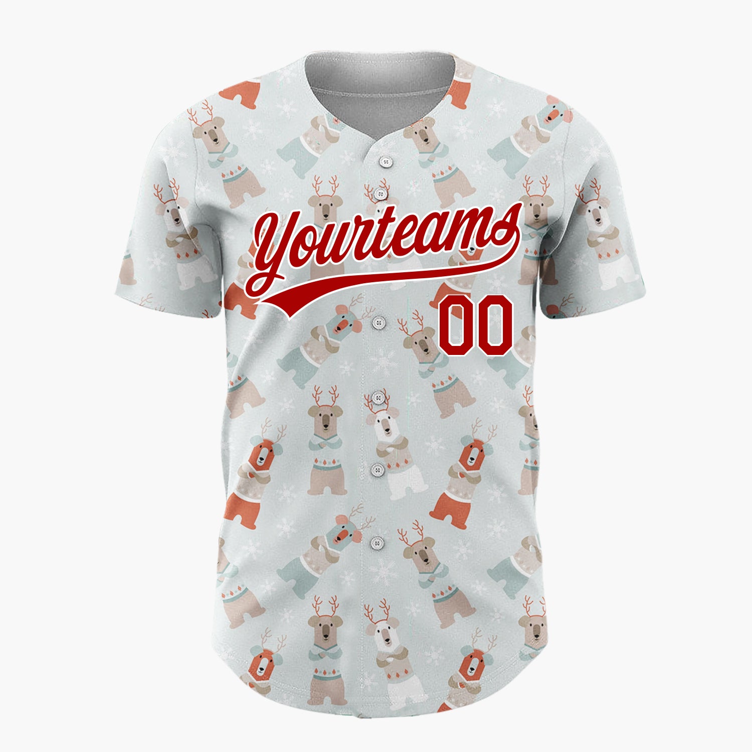 Custom Light Gray Brown Red Bears Sweaters And Snowflakes Cozy Winter Pattern Christmas Baseball Jersey