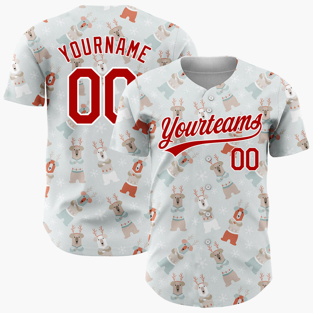 Custom Light Gray Brown Red Bears Sweaters And Snowflakes Cozy Winter Pattern Christmas Baseball Jersey