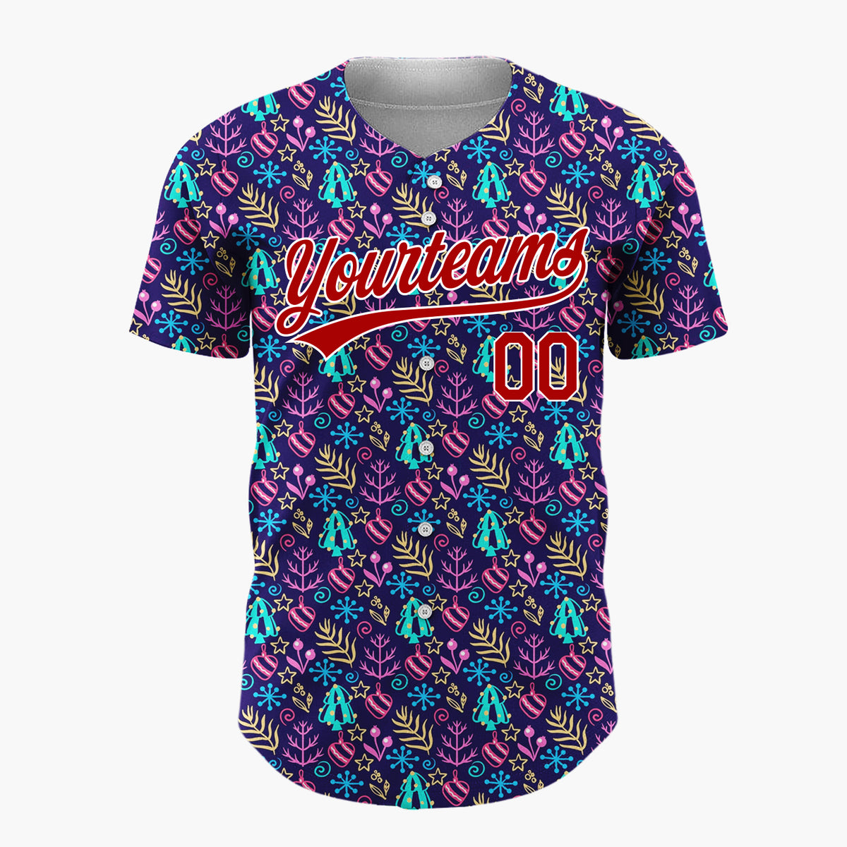 Custom Navy Blue Neon Christmas Trees Snowflakes And Ornaments Festive Pattern Christmas Baseball Jersey