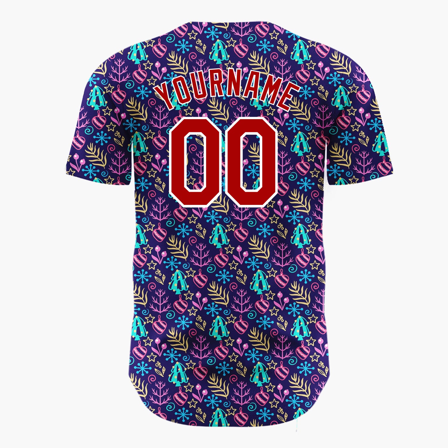 Custom Navy Blue Neon Christmas Trees Snowflakes And Ornaments Festive Pattern Christmas Baseball Jersey