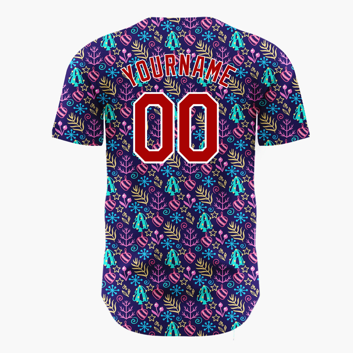Custom Navy Blue Neon Christmas Trees Snowflakes And Ornaments Festive Pattern Christmas Baseball Jersey