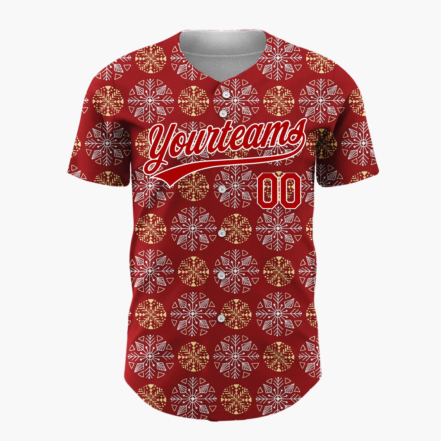 Custom Maroon White And Gold Snowflake Geometric Pattern Christmas Baseball Jersey