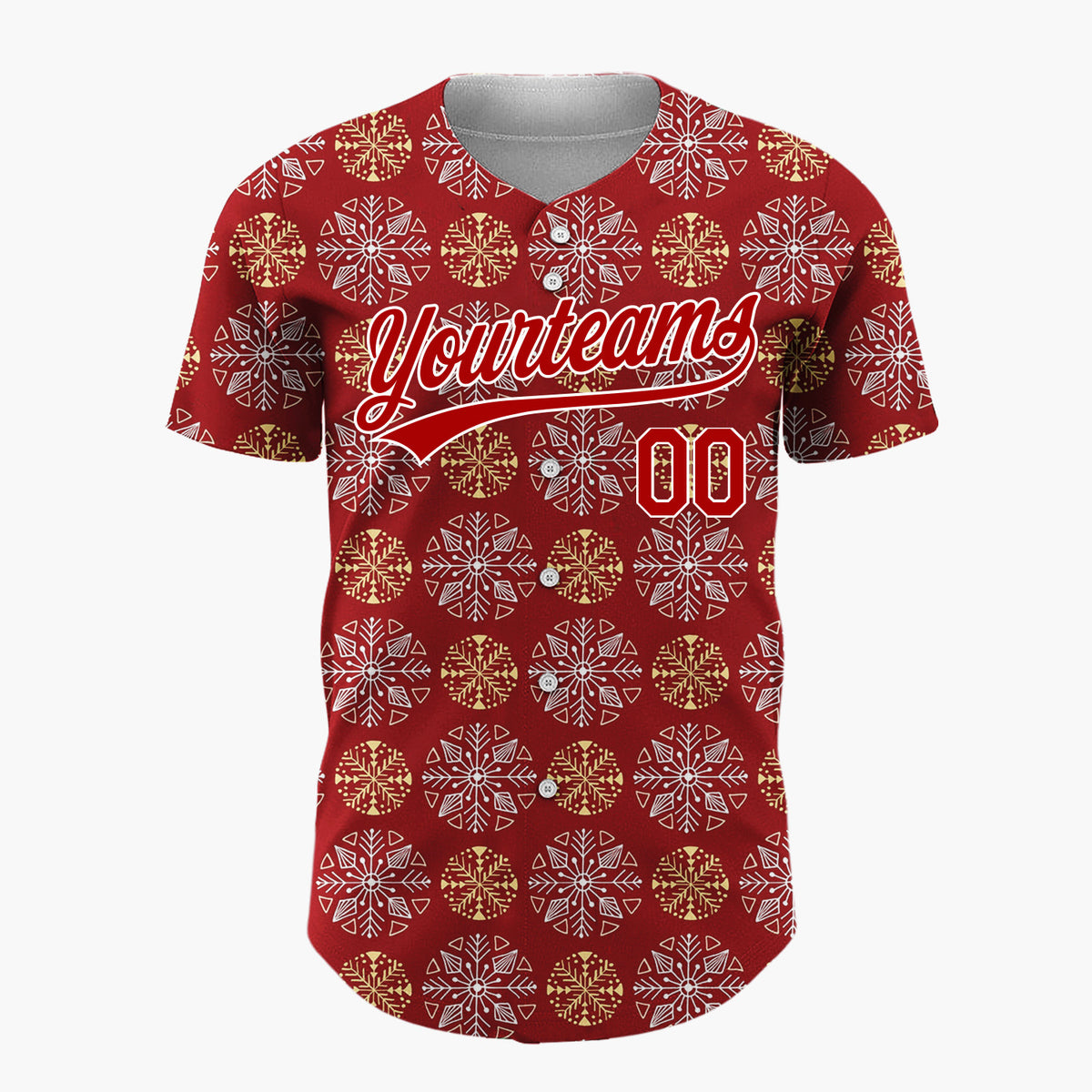 Custom Maroon White And Gold Snowflake Geometric Pattern Christmas Baseball Jersey