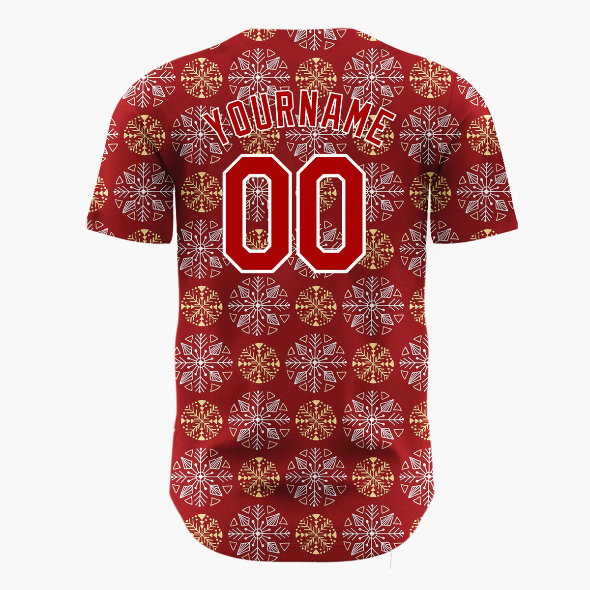 Custom Maroon White And Gold Snowflake Geometric Pattern Christmas Baseball Jersey