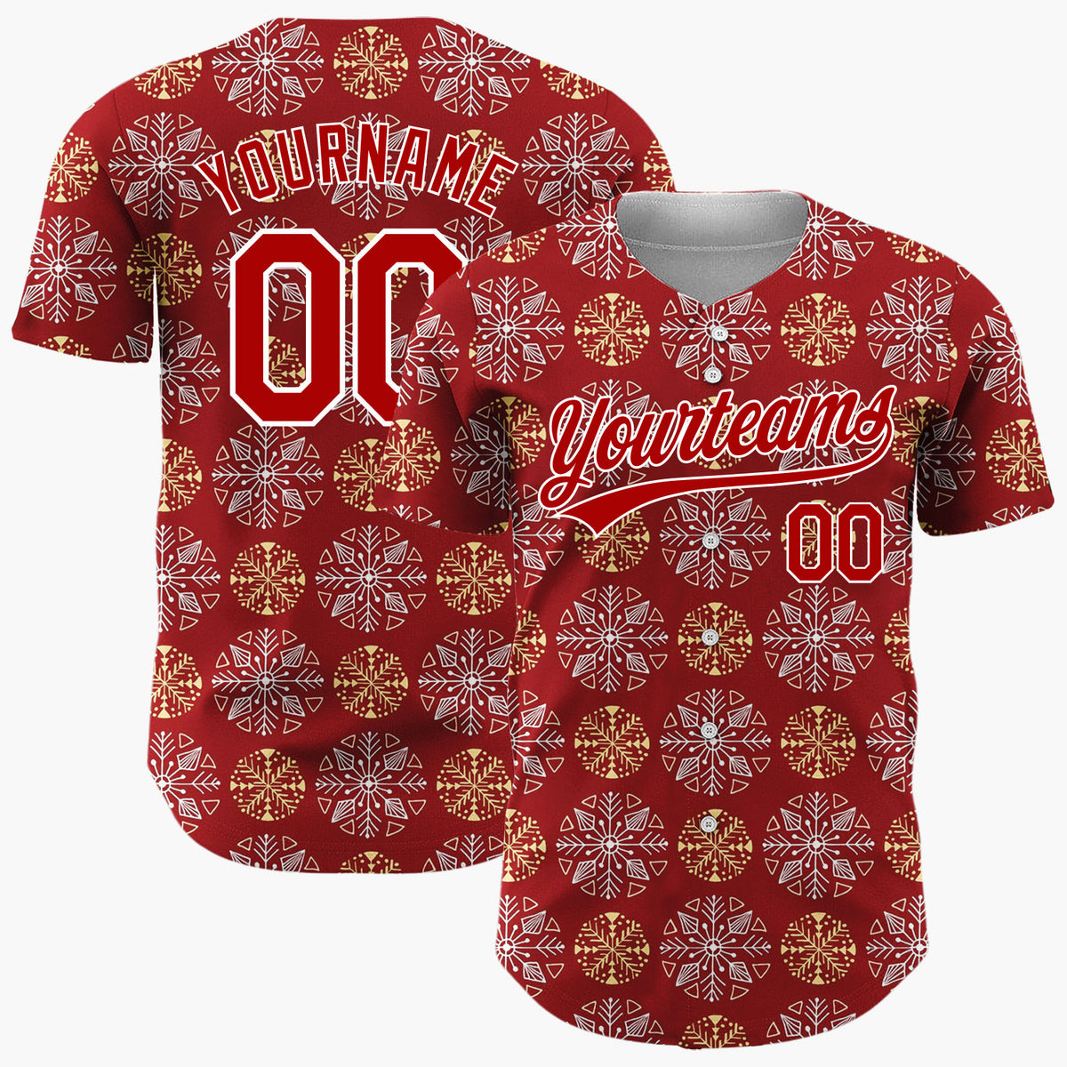 Custom Maroon White And Gold Snowflake Geometric Pattern Christmas Baseball Jersey