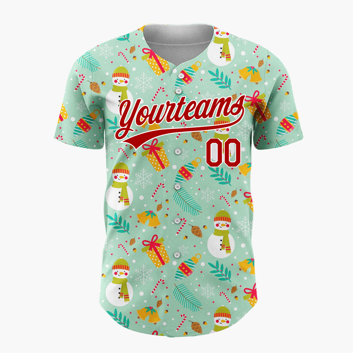 Custom Mint Green Snowmen Gifts And Snowflakes Cute Christmas Baseball Jersey