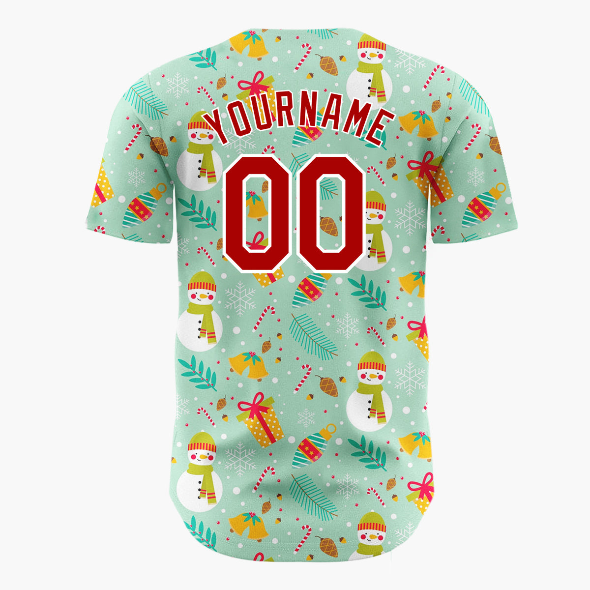 Custom Mint Green Snowmen Gifts And Snowflakes Cute Christmas Baseball Jersey
