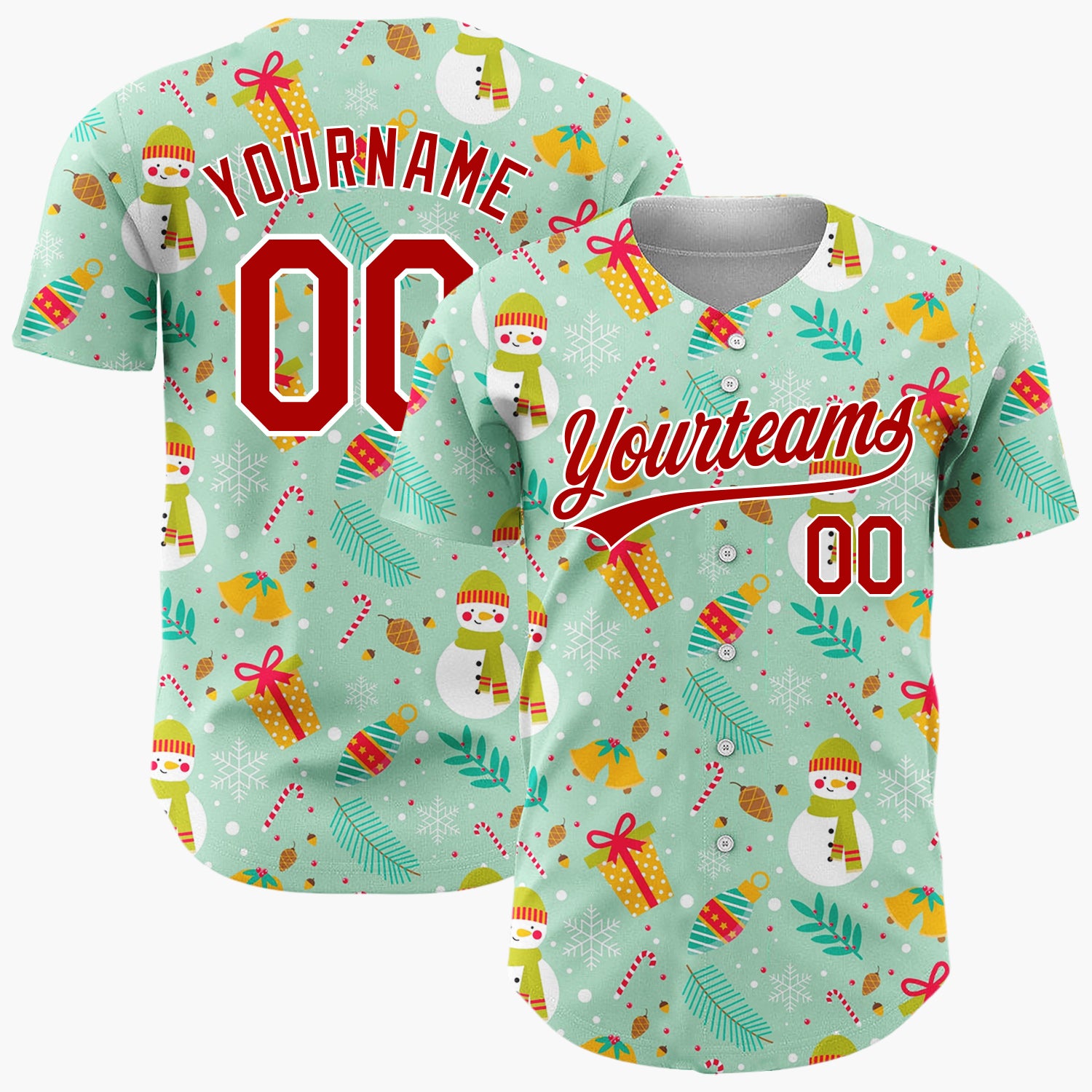 Custom Mint Green Snowmen Gifts And Snowflakes Cute Christmas Baseball Jersey