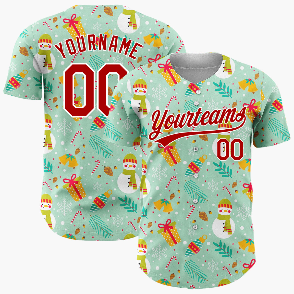 Custom Mint Green Snowmen Gifts And Snowflakes Cute Christmas Baseball Jersey