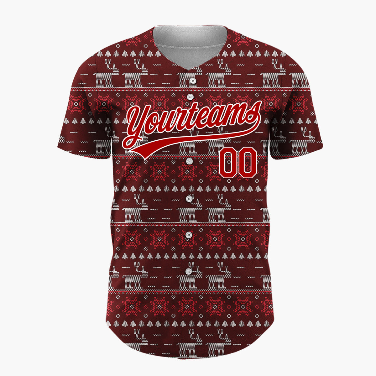 Custom Maroon Red Reindeer And Geometrics Christmas Fair Isle Knit Pattern Christmas Baseball Jersey