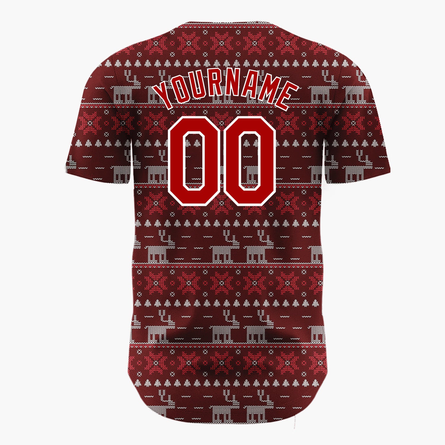 Custom Maroon Red Reindeer And Geometrics Christmas Fair Isle Knit Pattern Christmas Baseball Jersey