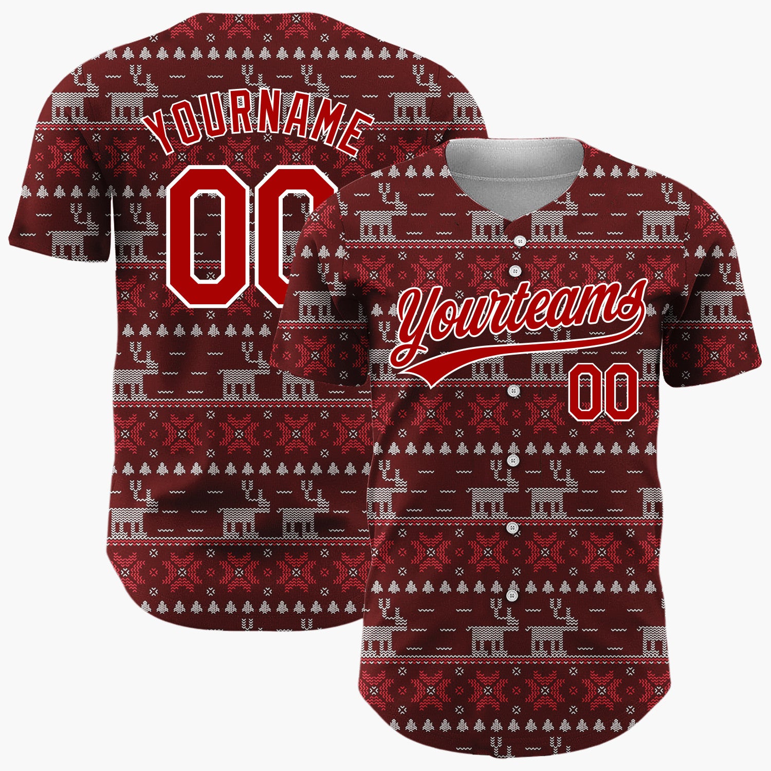 Custom Maroon Red Reindeer And Geometrics Christmas Fair Isle Knit Pattern Christmas Baseball Jersey