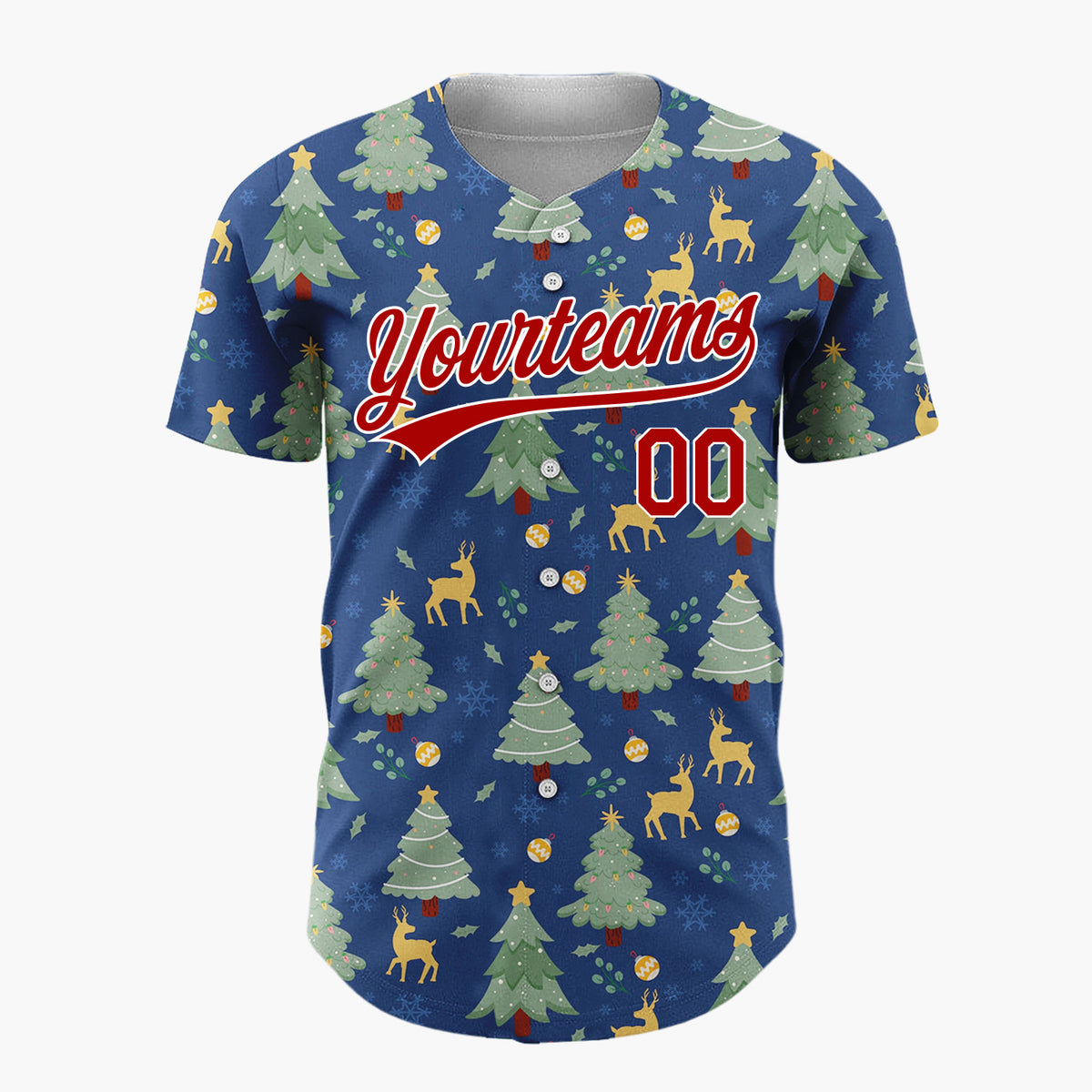 Custom Navy Blue Green Christmas Trees And Reindeers Classic Holiday Pattern Christmas Baseball Jersey