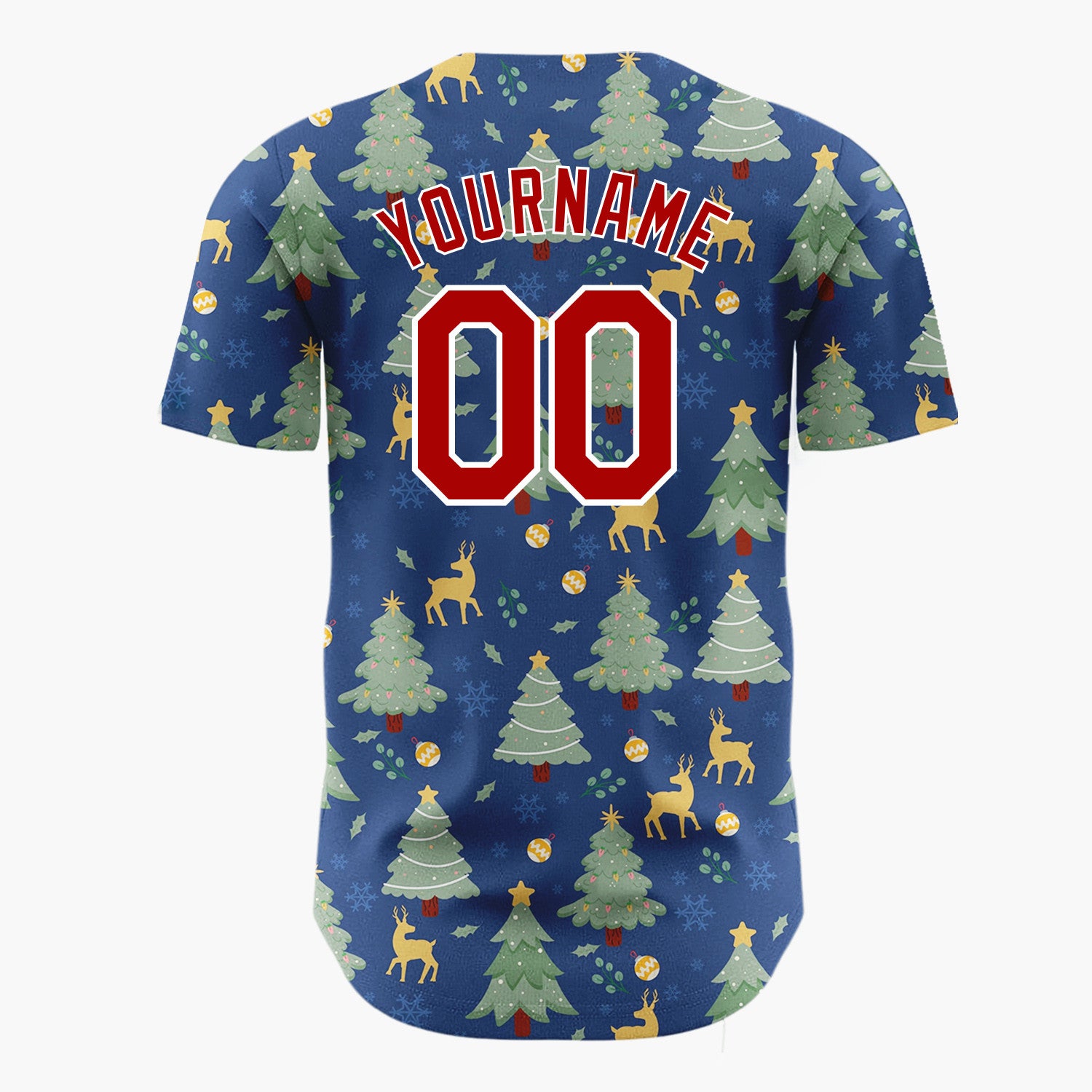 Custom Navy Blue Green Christmas Trees And Reindeers Classic Holiday Pattern Christmas Baseball Jersey