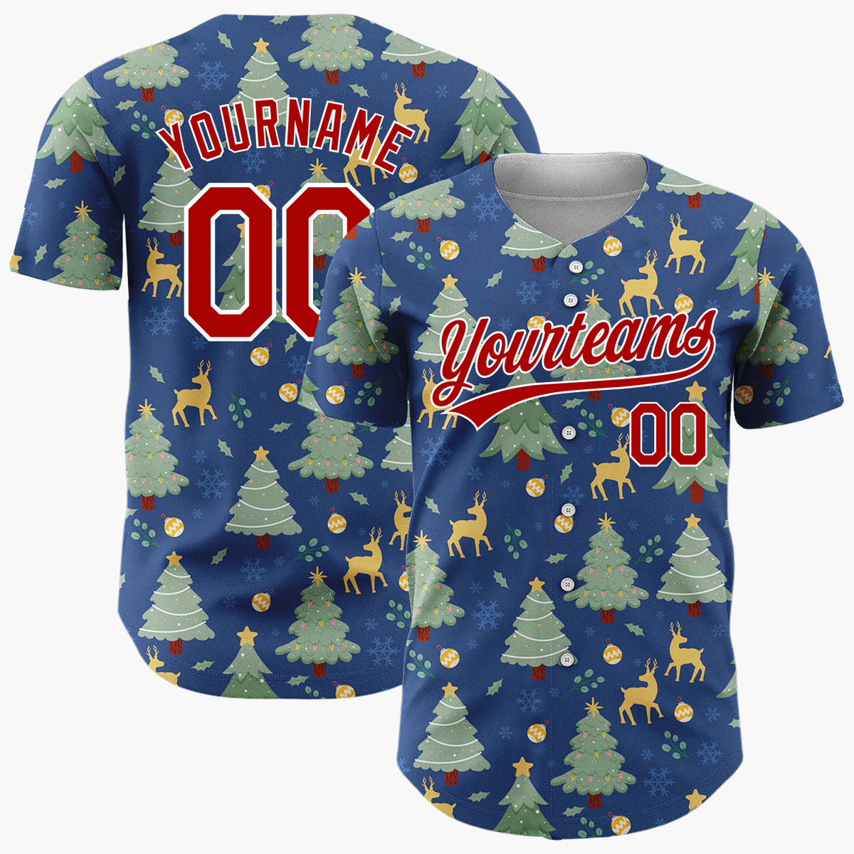 Custom Navy Blue Green Christmas Trees And Reindeers Classic Holiday Pattern Christmas Baseball Jersey