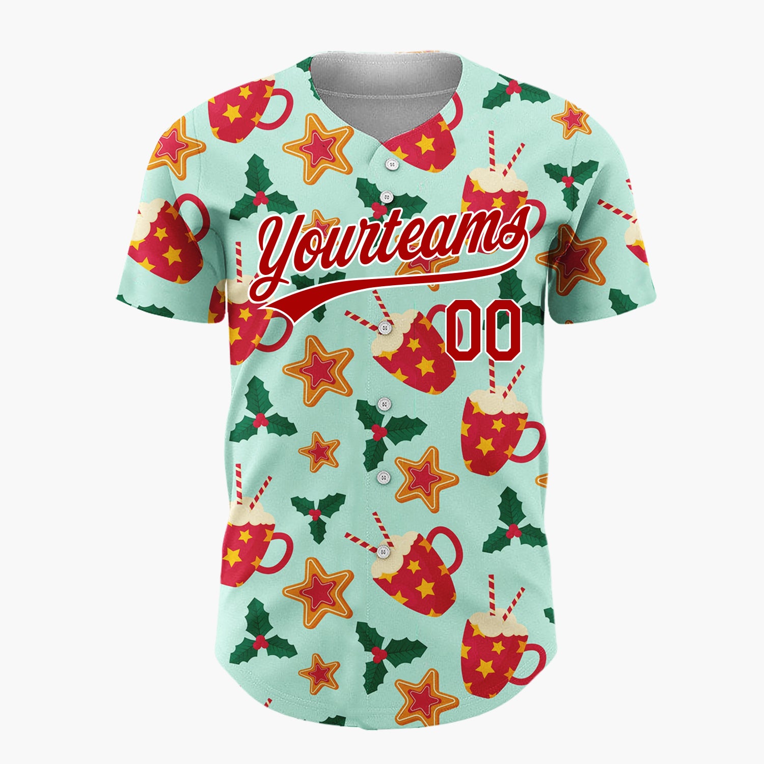 Custom Mint Red Cocoa Cups Cookies And Holly Cozy Christmas Baseball Jersey