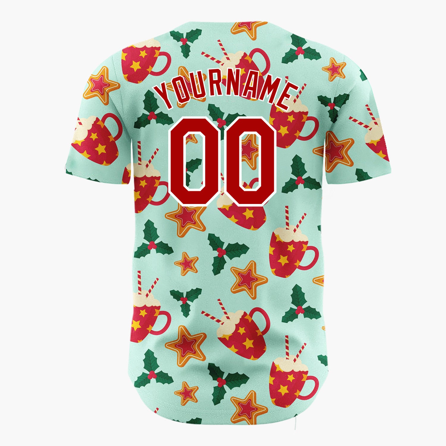 Custom Mint Red Cocoa Cups Cookies And Holly Cozy Christmas Baseball Jersey