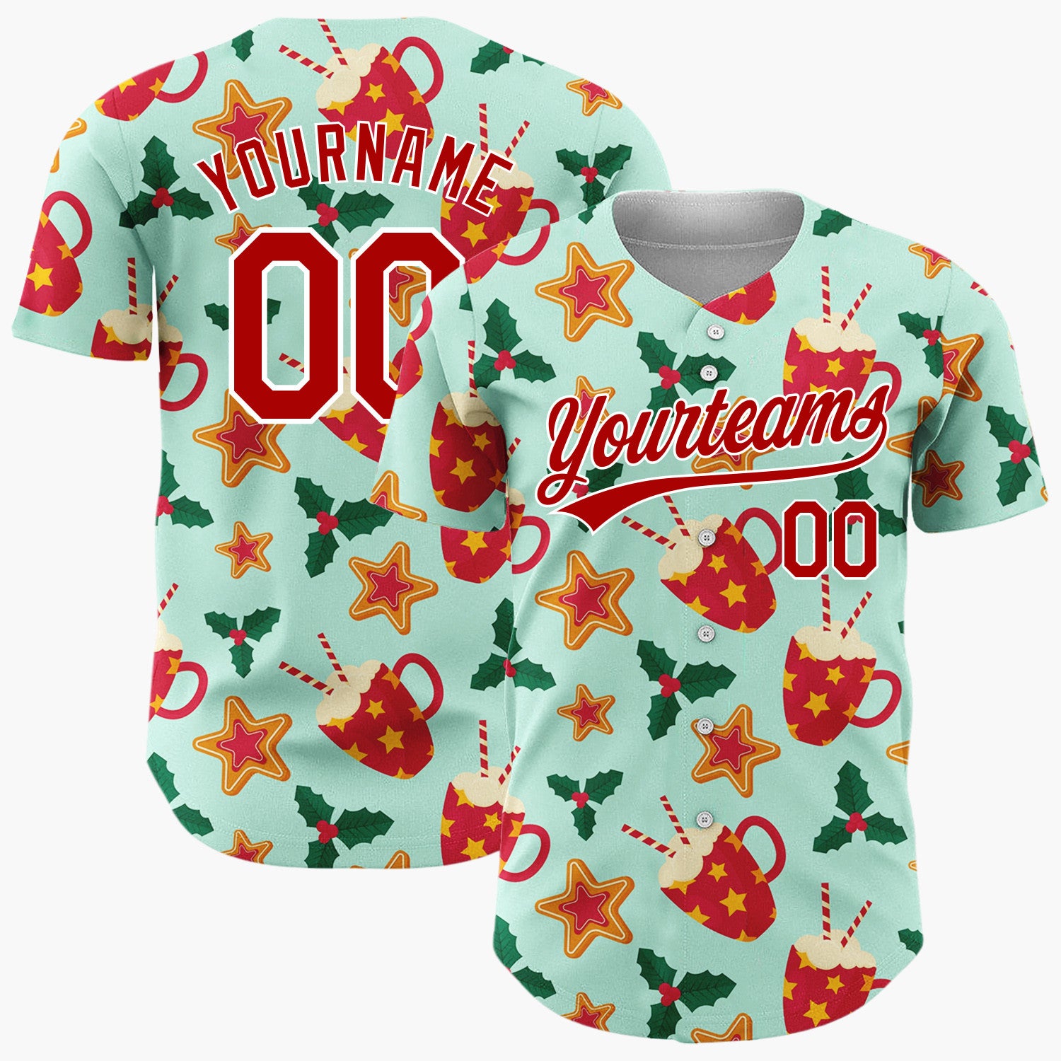 Custom Mint Red Cocoa Cups Cookies And Holly Cozy Christmas Baseball Jersey