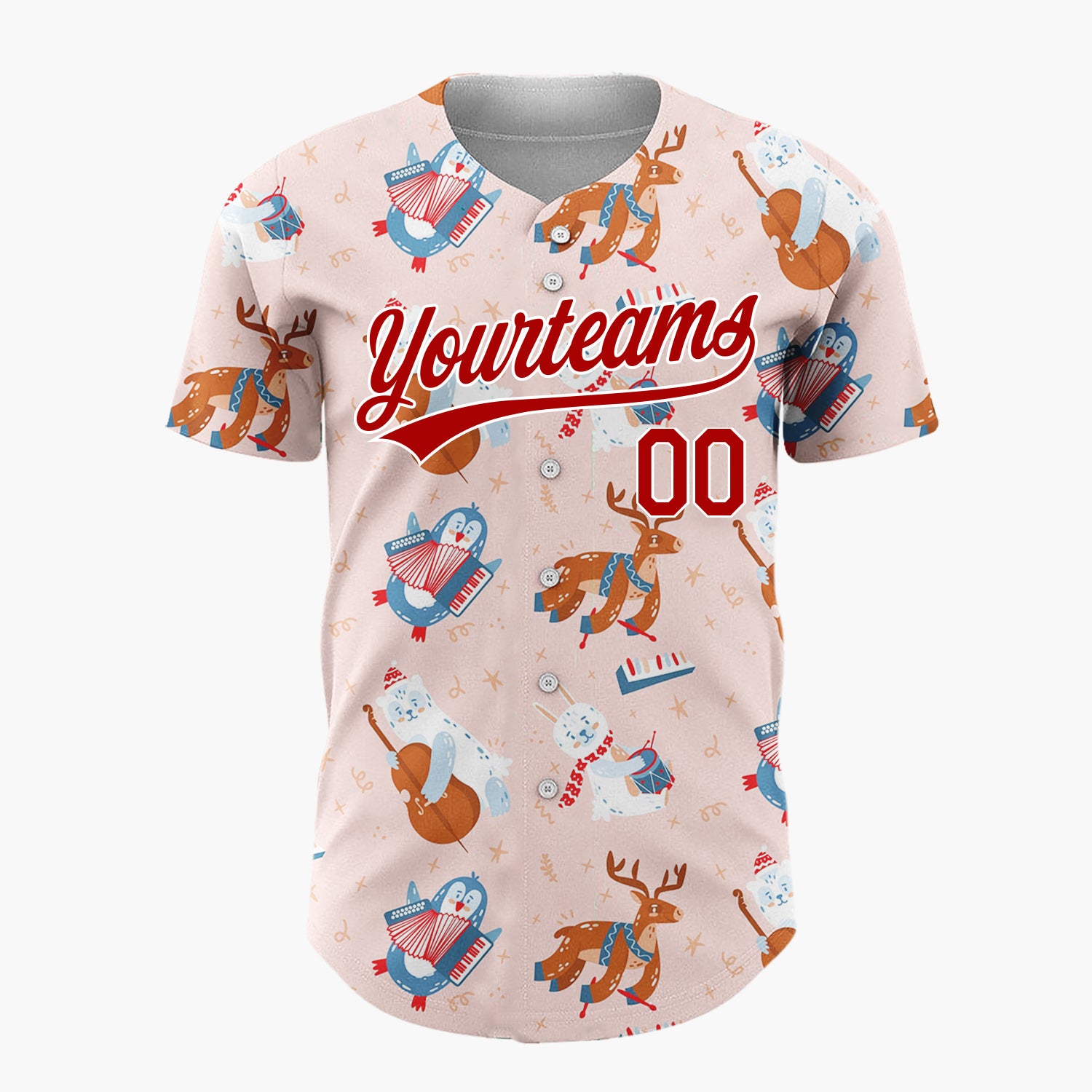 Custom Light Pink Red Blue Cute Animals Playing Music Christmas Baseball Jersey