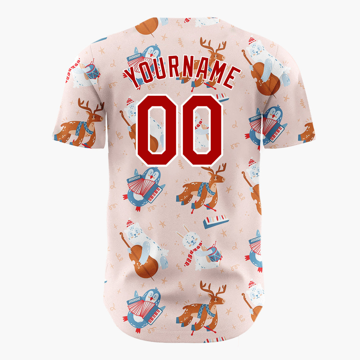 Custom Light Pink Red Blue Cute Animals Playing Music Christmas Baseball Jersey