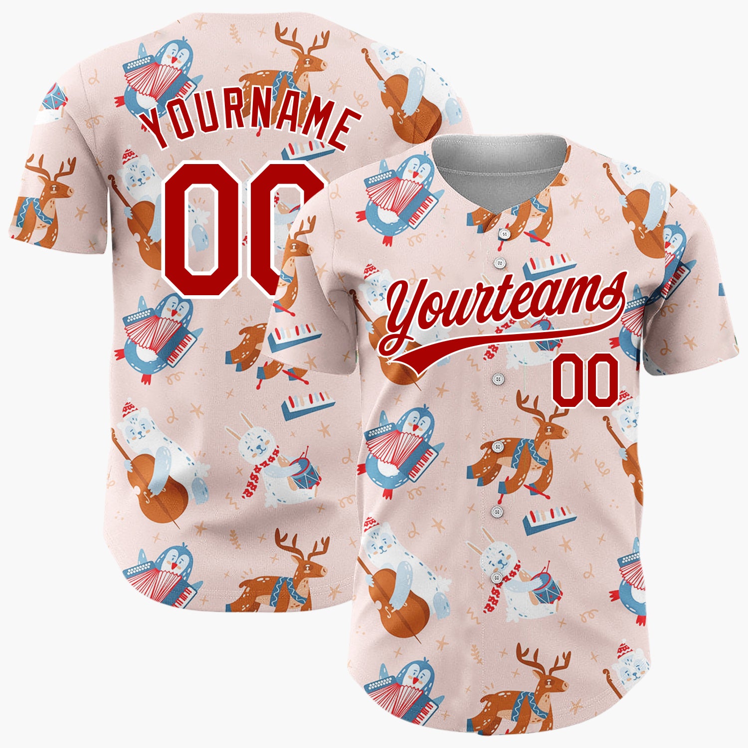 Custom Light Pink Red Blue Cute Animals Playing Music Christmas Baseball Jersey