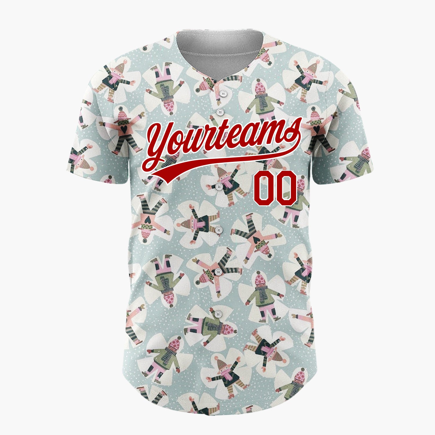 Custom Mint Green Snow Angels Snowflakes Cute Winter Scene Pattern Christmas Baseball Jersey