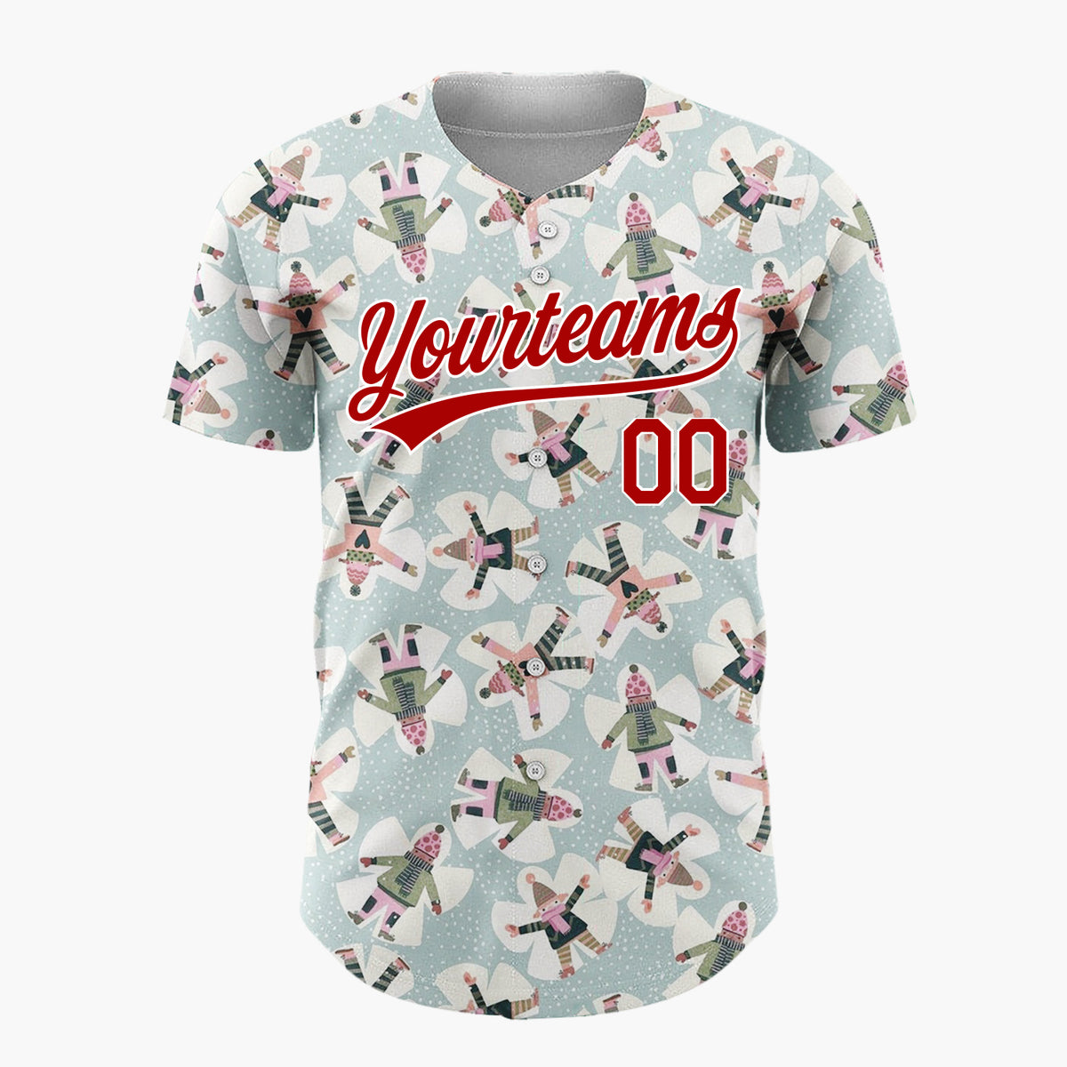 Custom Mint Green Snow Angels Snowflakes Cute Winter Scene Pattern Christmas Baseball Jersey
