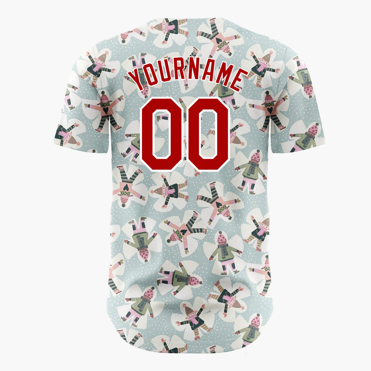 Custom Mint Green Snow Angels Snowflakes Cute Winter Scene Pattern Christmas Baseball Jersey