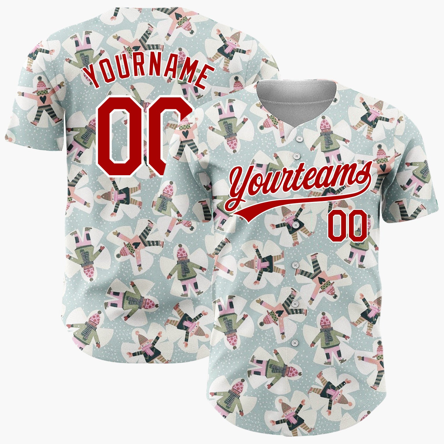 Custom Mint Green Snow Angels Snowflakes Cute Winter Scene Pattern Christmas Baseball Jersey