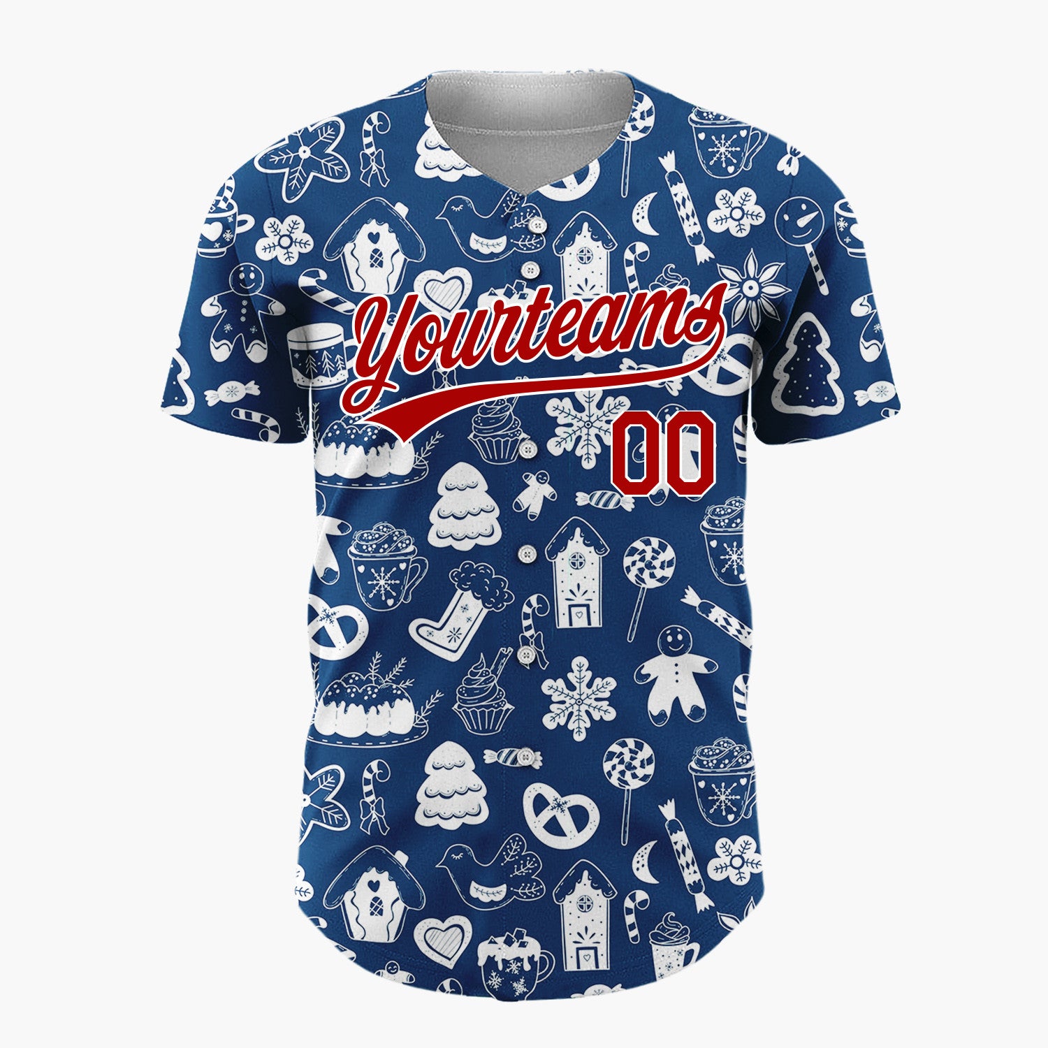 Custom Navy Blue White Holiday Treats Icons Doodle Pattern Christmas Baseball Jersey