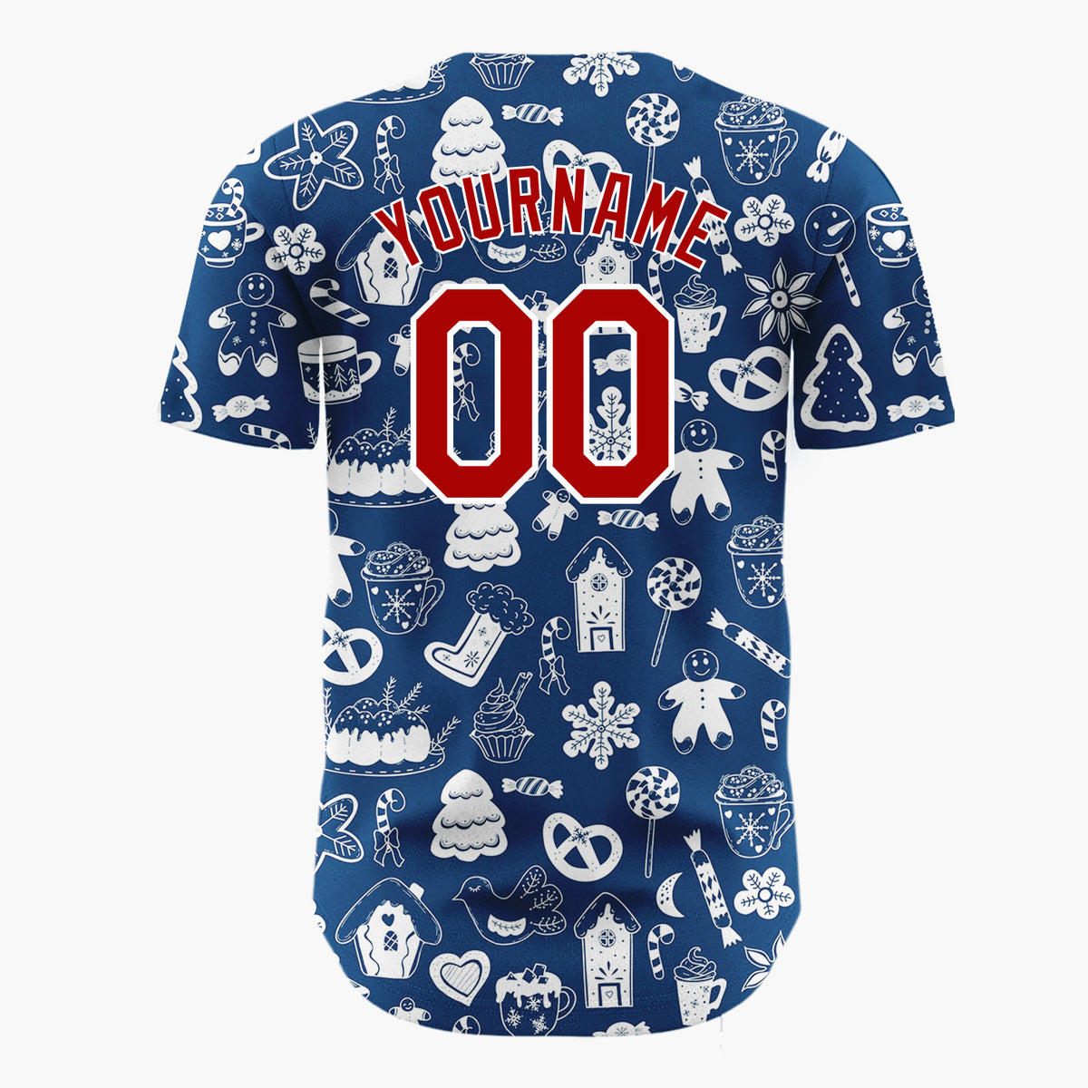 Custom Navy Blue White Holiday Treats Icons Doodle Pattern Christmas Baseball Jersey
