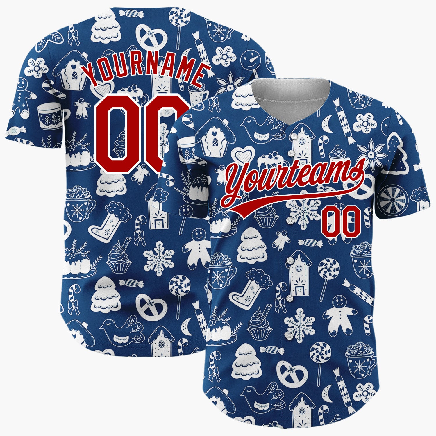 Custom Navy Blue White Holiday Treats Icons Doodle Pattern Christmas Baseball Jersey