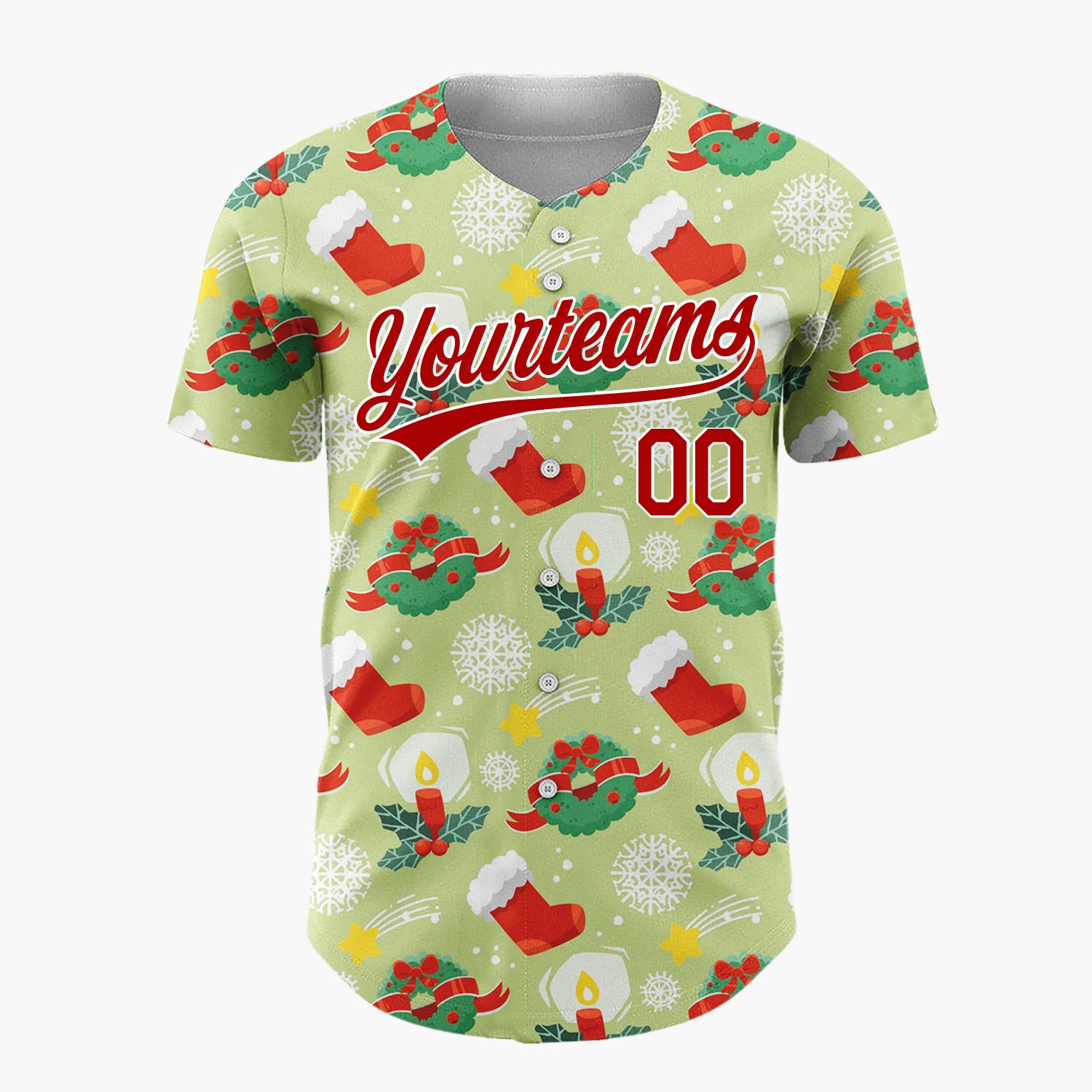 Custom Light Green Red Wreaths Candles And Stockings Classic Christmas Baseball Jersey