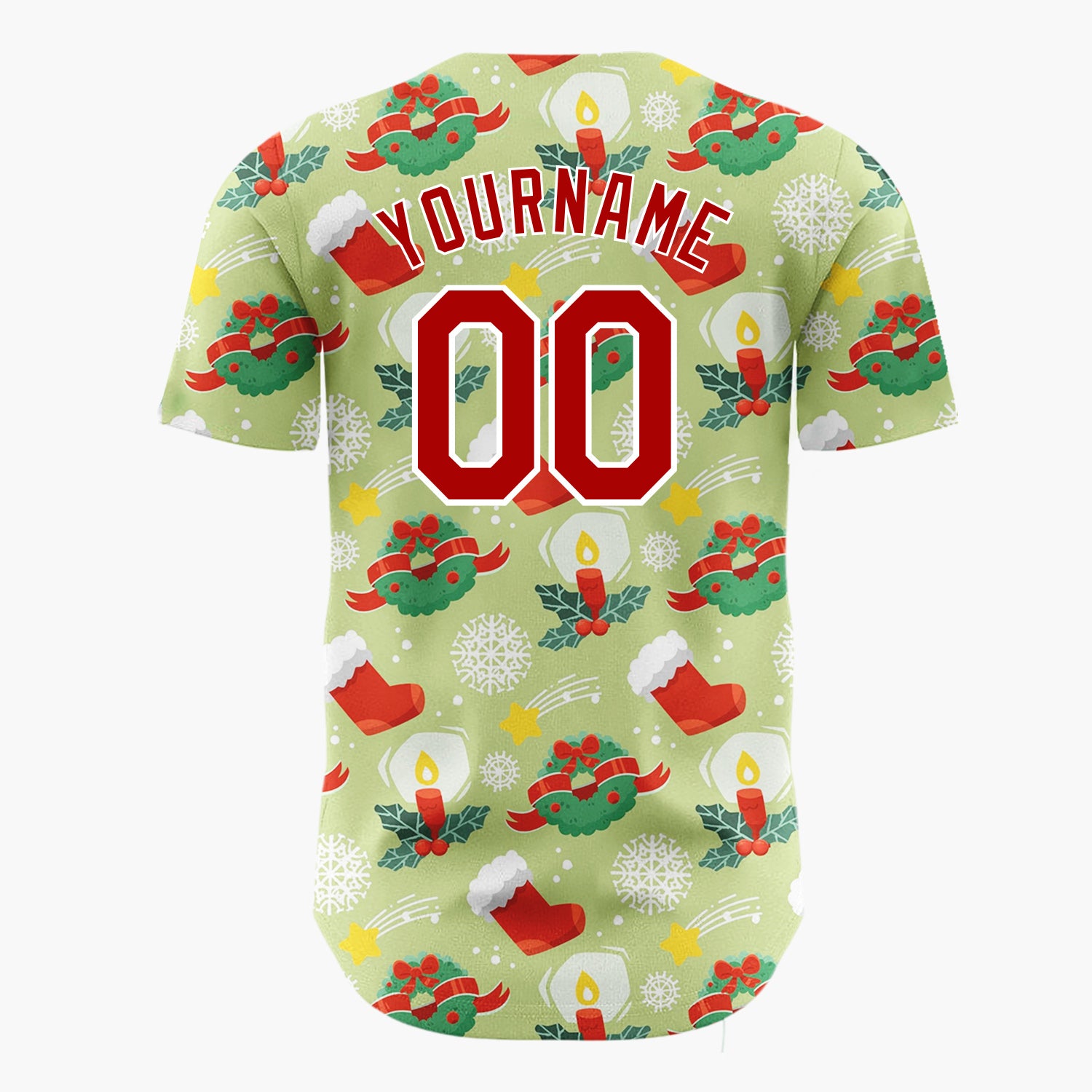 Custom Light Green Red Wreaths Candles And Stockings Classic Christmas Baseball Jersey