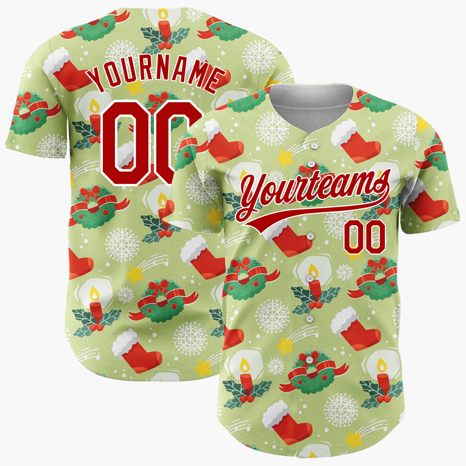 Custom Light Green Red Wreaths Candles And Stockings Classic Christmas Baseball Jersey