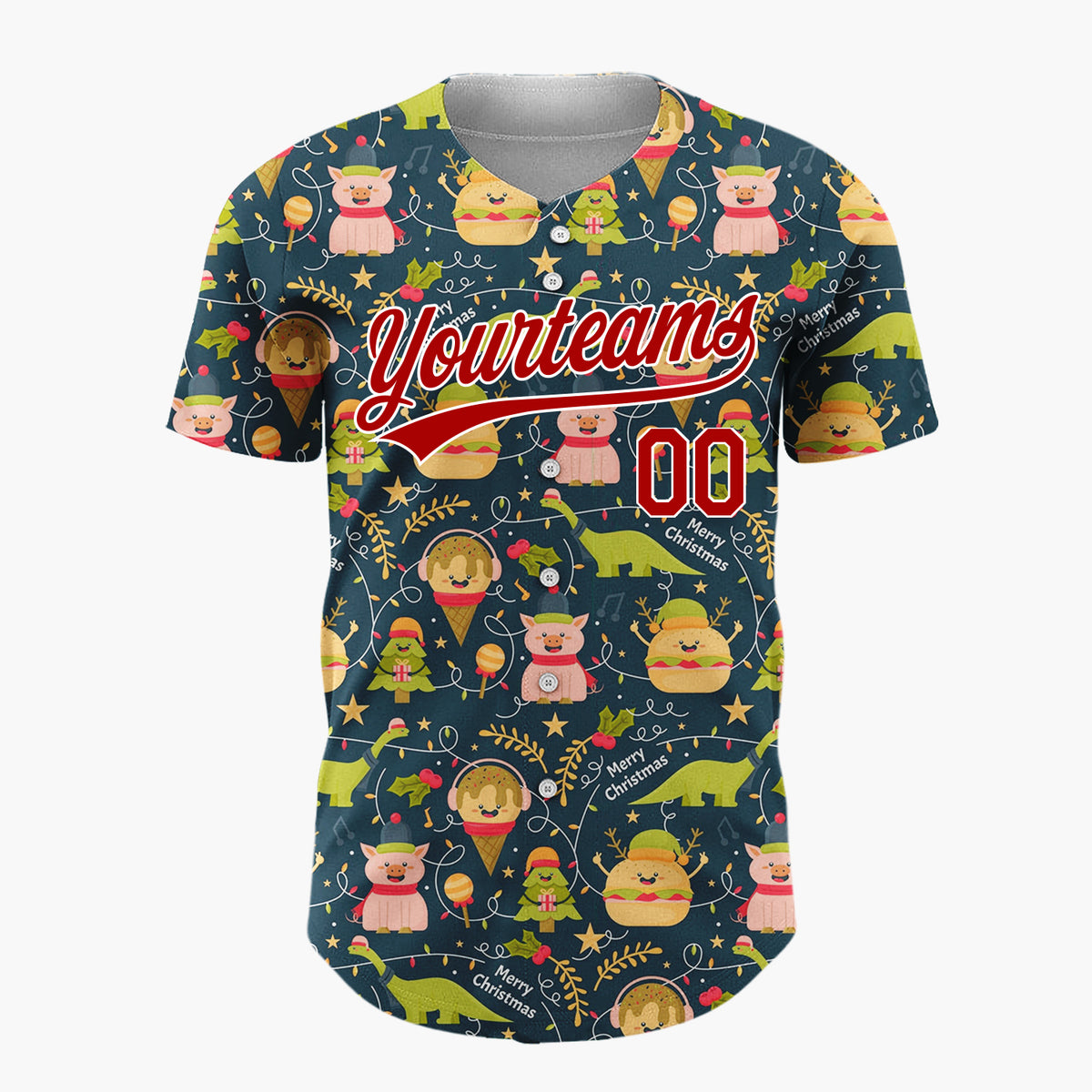 Custom Navy Green Dinosaurs Burgers And Pigs Christmas Cartoon Pattern Christmas Baseball Jersey