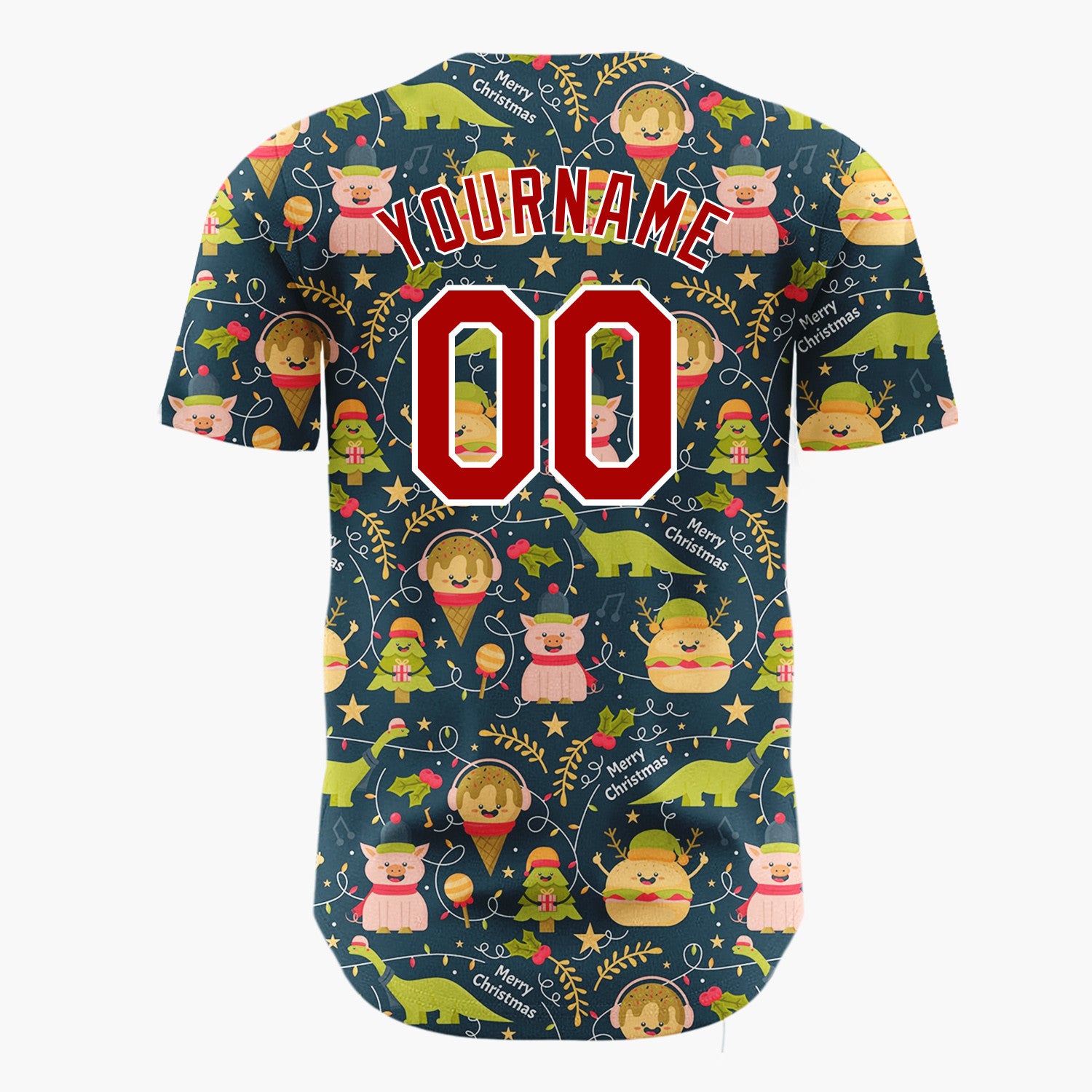 Custom Navy Green Dinosaurs Burgers And Pigs Christmas Cartoon Pattern Christmas Baseball Jersey