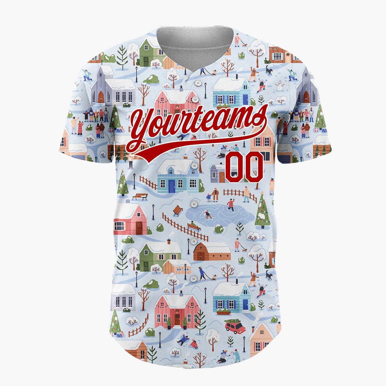 Custom Light Blue Winter Village Scenery Detailed Christmas Baseball Jersey